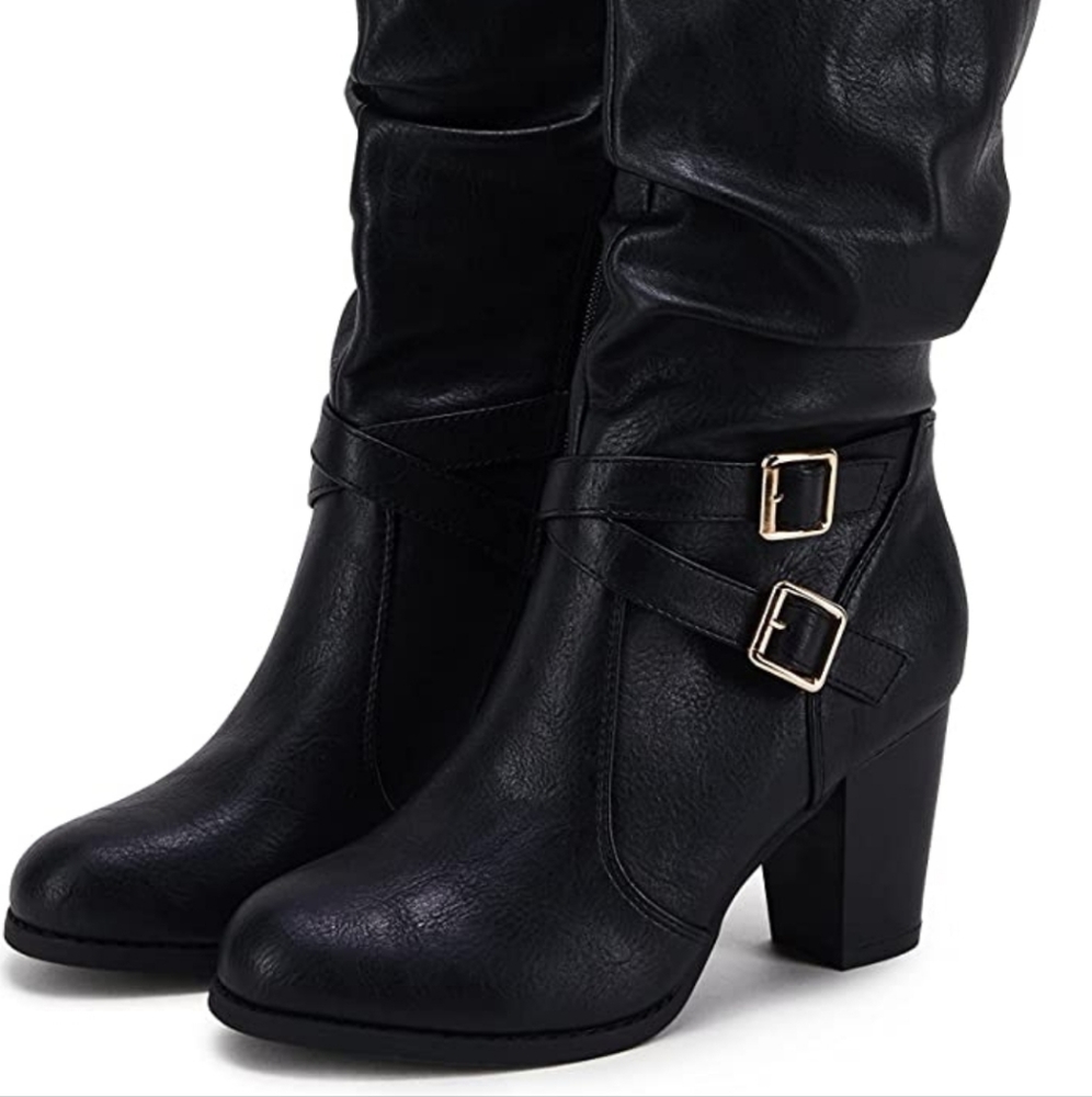 Ermonn Womens Mid Knee High Boots Chunky Heel Slouchy Metal Buckle Side Zipper